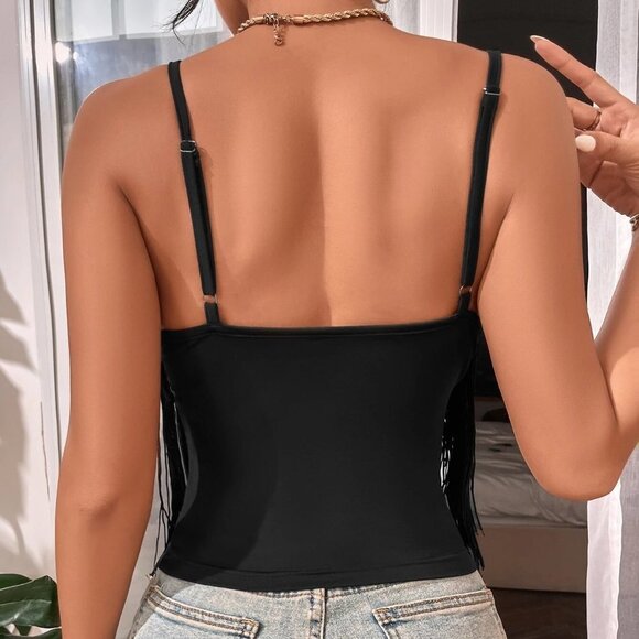 Black Boho Womens Solid Fringe Trim Cami Top - Picture 2 of 5